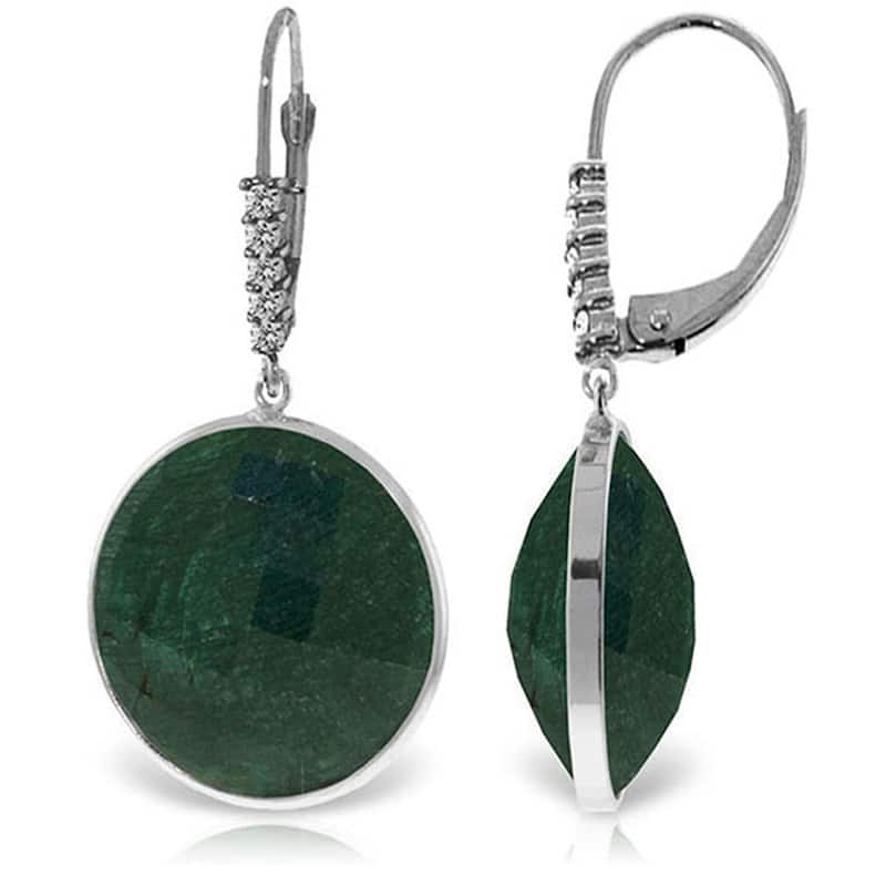 14K Solid Gold Diamonds Leverback Earrings w/ Emerald Color Corundum - White