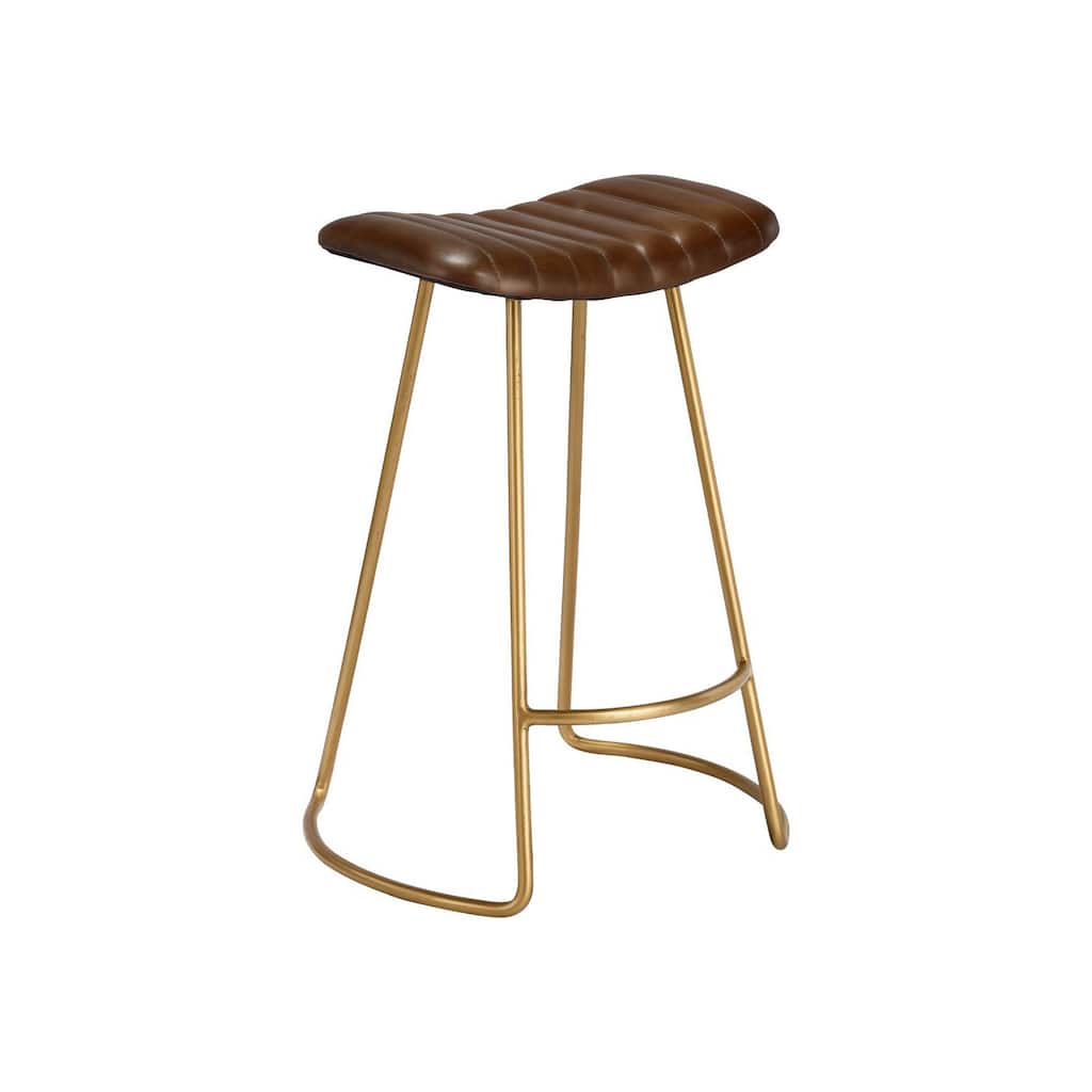 Counter Stool with Leatherette Vertical Channel Stitching, Brown and Antique Brass