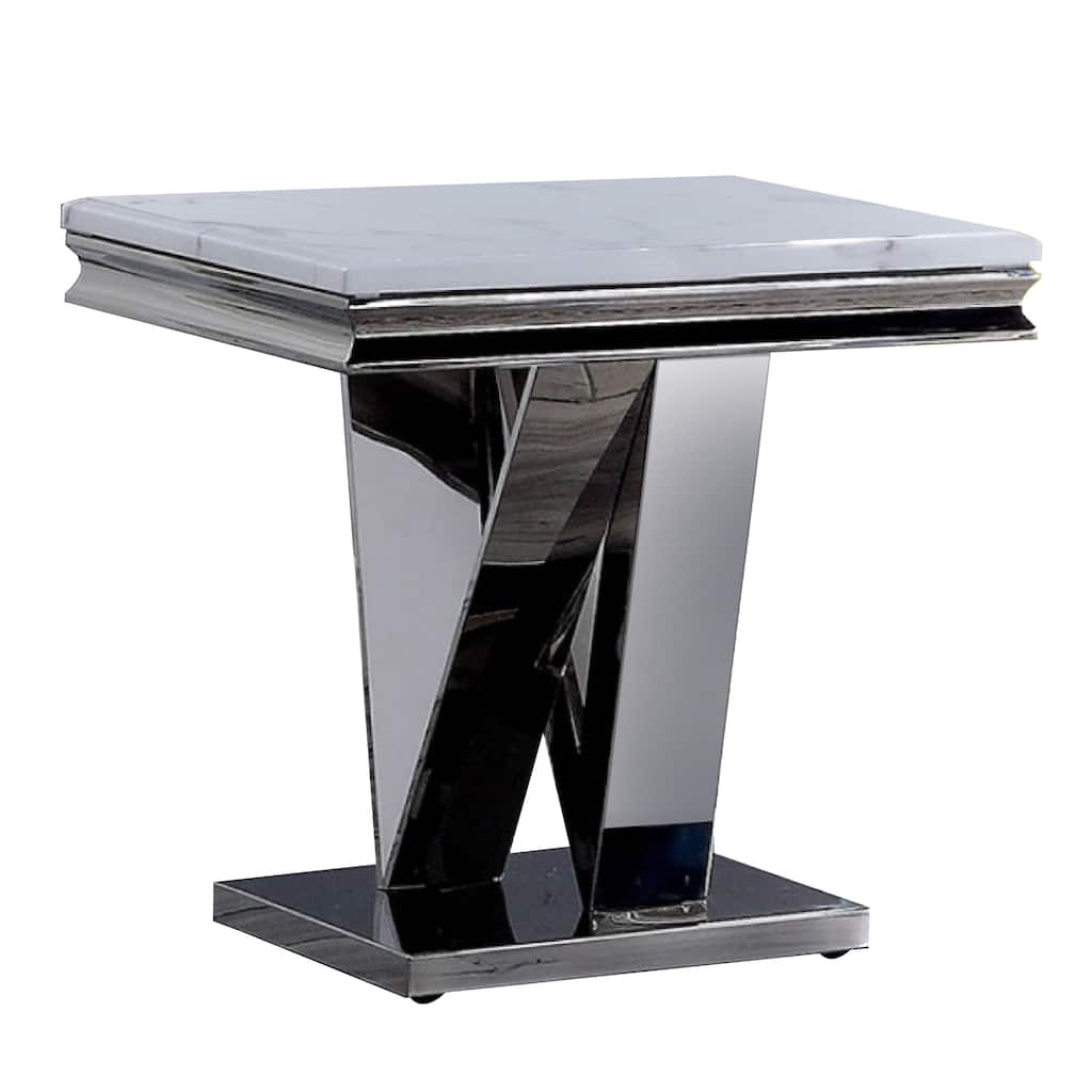Vily Side End Table, 24 Inch Faux Marble Top, V-Style Chrome Pedestal