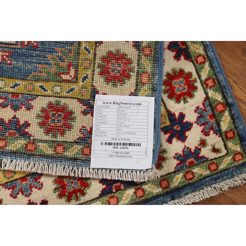 Blue Geometric Kazak Oriental Foyer Rug Hand-Knotted Wool Carpet - 2'0"x 3'0"