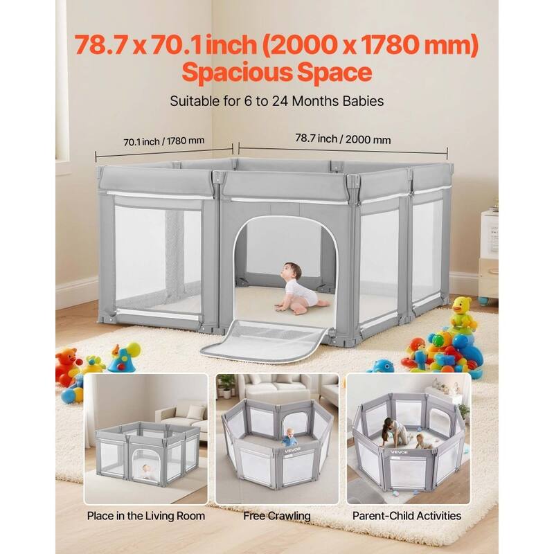 Portable Grey Baby Playpen with Breathable Mesh and Iron Tubes Safe and Stable Toddler Fence - 81.5” x 72.83” x 27.36”