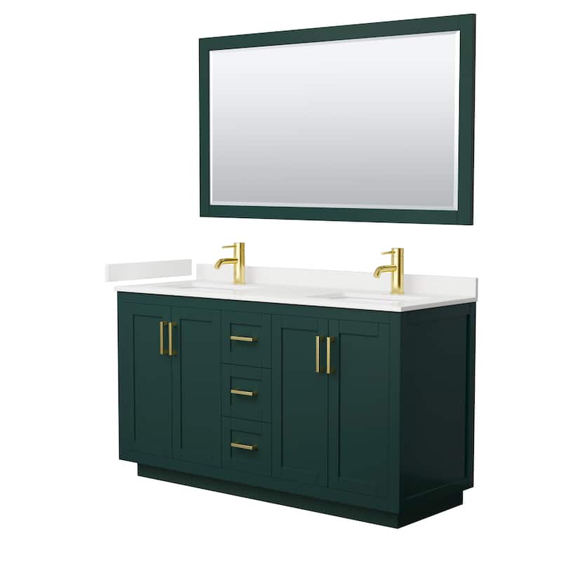 Miranda 60-inch Double Vanity, Quartz Top, 58-inch Mirror - Green, Gold Trim, White Quartz Top