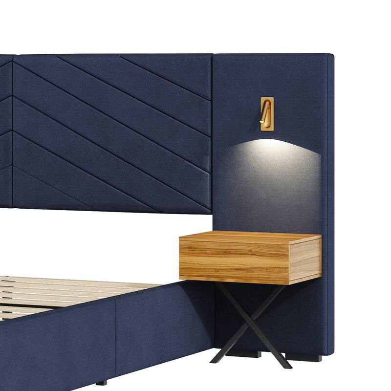 Velvet Bed with Channel Tufted Wingback Headboard & Wooden Slats