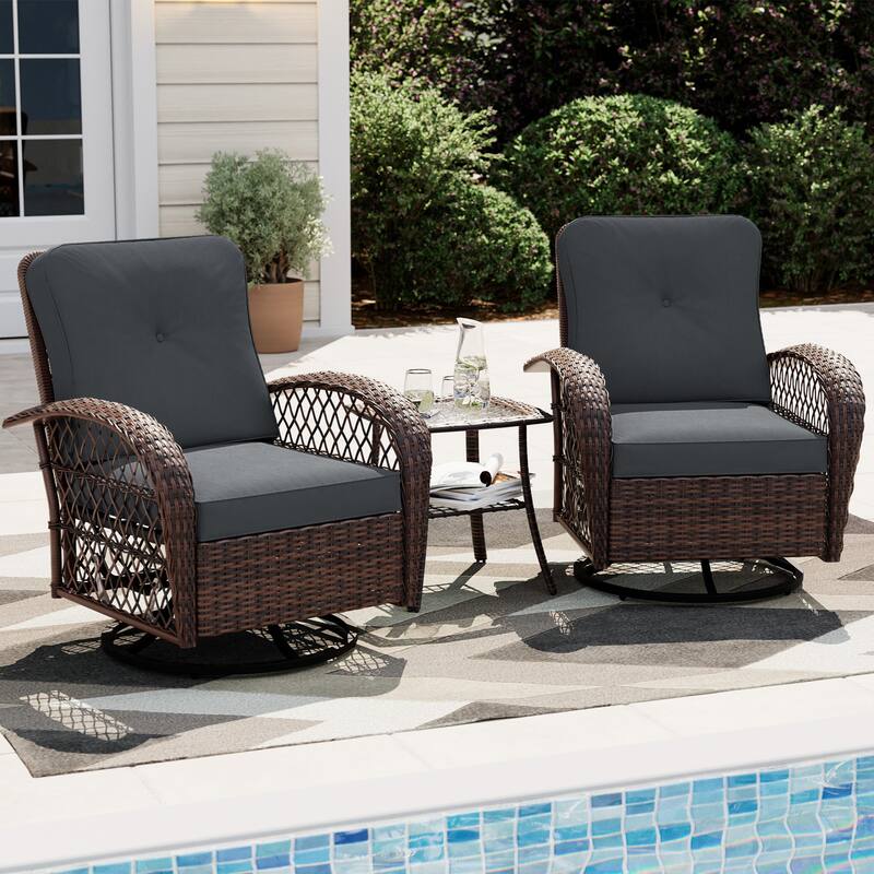 UPHA 3-Piece Patio Outdoor Wicker Swivel Rocking Chair Set with Side Table and Cushions - Grey