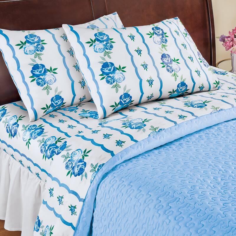Printed Lovely Bright Blooming Roses White Sheet Set - Blue - Full