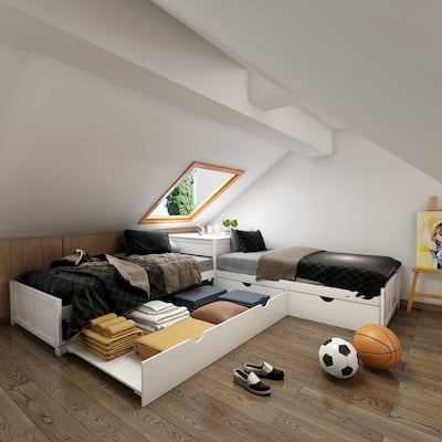 Twin Size L-Shaped Corner Platform Beds with Trundle and Drawers Linked with Built-in Desk