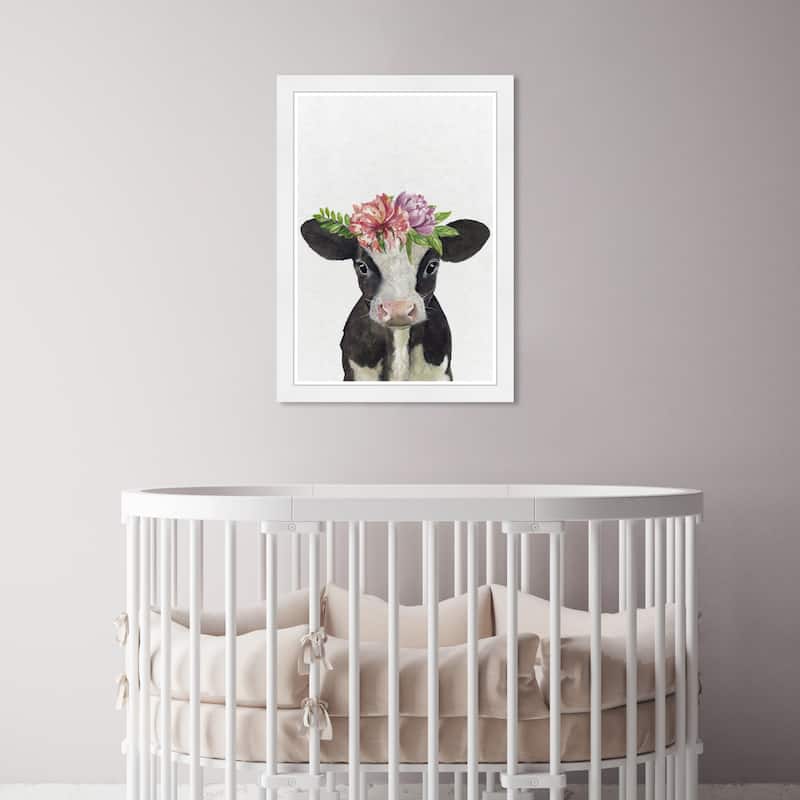 Olivia's Easel 'Floral Cow'Kids Wall Art Framed Print Farm White, Pink - 13 x 19
