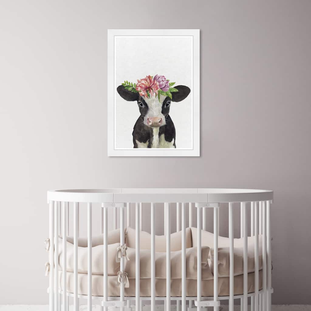 Olivia's Easel 'Floral Cow'Kids Wall Art Framed Print Farm White, Pink