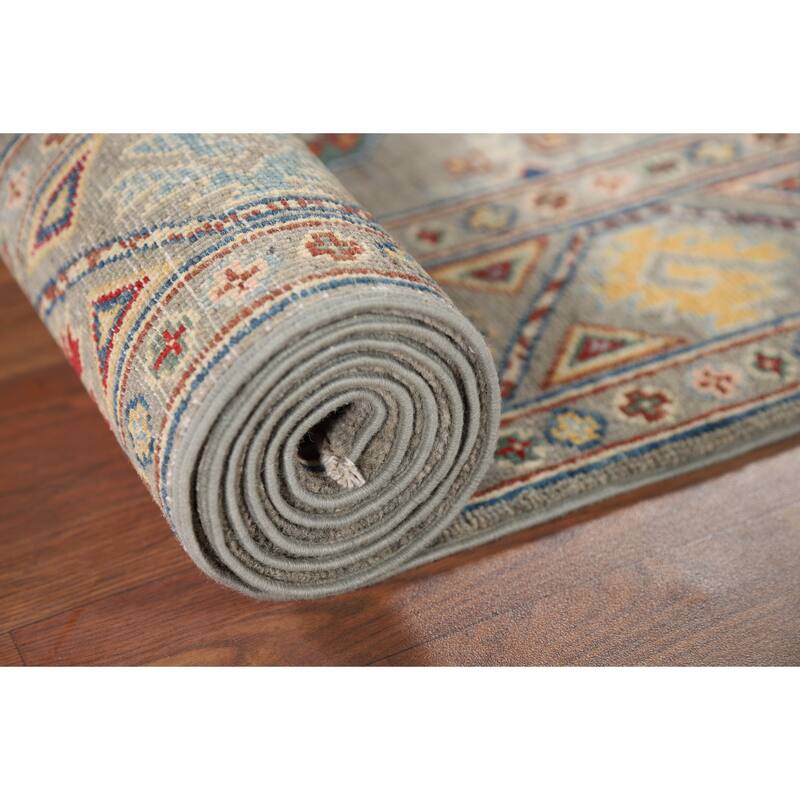 Gray Geometric Kazak Oriental Runner Rug Hand-Knotted Wool Carpet - 2'9" x 10'0"