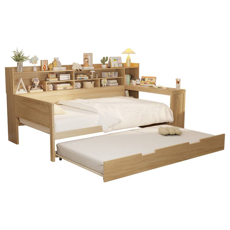 Wooden Twin/Full Size Daybed with Trundle Bed, Multi-functional Corner Platform Sofa Bed Frame with Storage Headboard and Desk