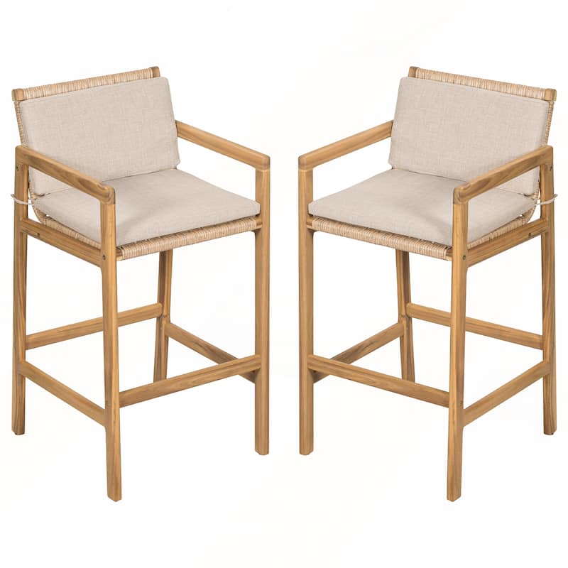 Wood Outdoor Barstool with Beige Cushion Set of 2