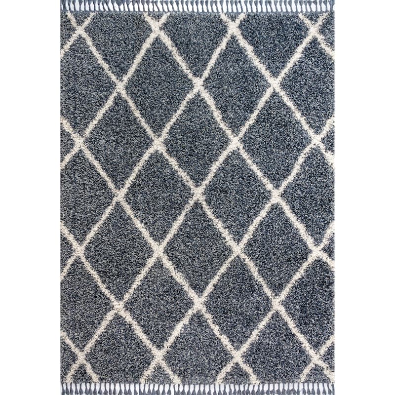 JONATHAN Y Modern Shag Plush Tassel Moroccan Geometric Trellis Area Rug - 5 X 8 - Denim Blue/Cream