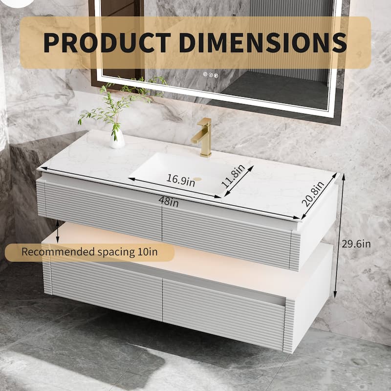 Modland 48" Modern Wall-Mounted Single Sink Bathroom Vanity with Engineered Stone Countertop,Soft-Close Drawers