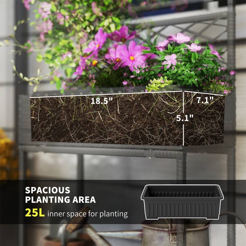 Outdoor Raised Garden Bed Rattan Plant Stand with Trellis and Storage Shelf for Herbs or Flowers - 21.7" L x 10.2" W x 52.4" H