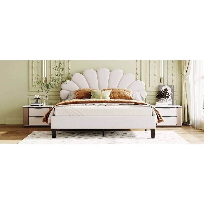 Upholstered Platform Bed with Flower Pattern Velvet Headboard