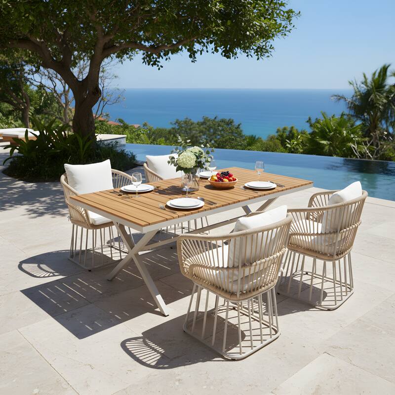 Christopher Knight Home - Outdoor Acacia Wood and Steel Dining Set with Wicker Weave Chairs & 55.12" Rectangular Dining Table - 5-Piece-Teak finish+Beige