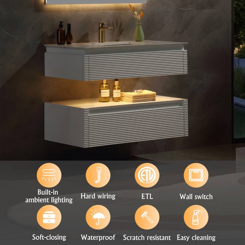 Modland 36''/48'' Floating Bathroom Vanity with ETL-Certified LED Lighting, Soft-Close Drawers & Waterproof, White