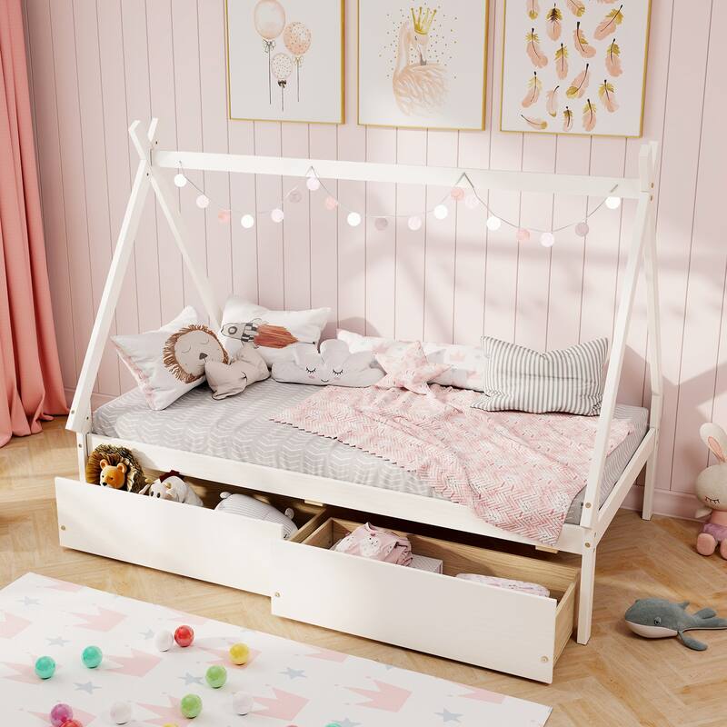 Kids Twin Size Wooden House-Shaped Platform Bed with Storage Drawers for Boys and Girls