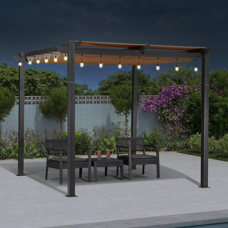 PURPLE LEAF Gazebo Outdoor Retractable White Heavy-Duty Aluminum Pergola with Extra Top Roof - 10' x 10'(String Light ) - Grey & Beige