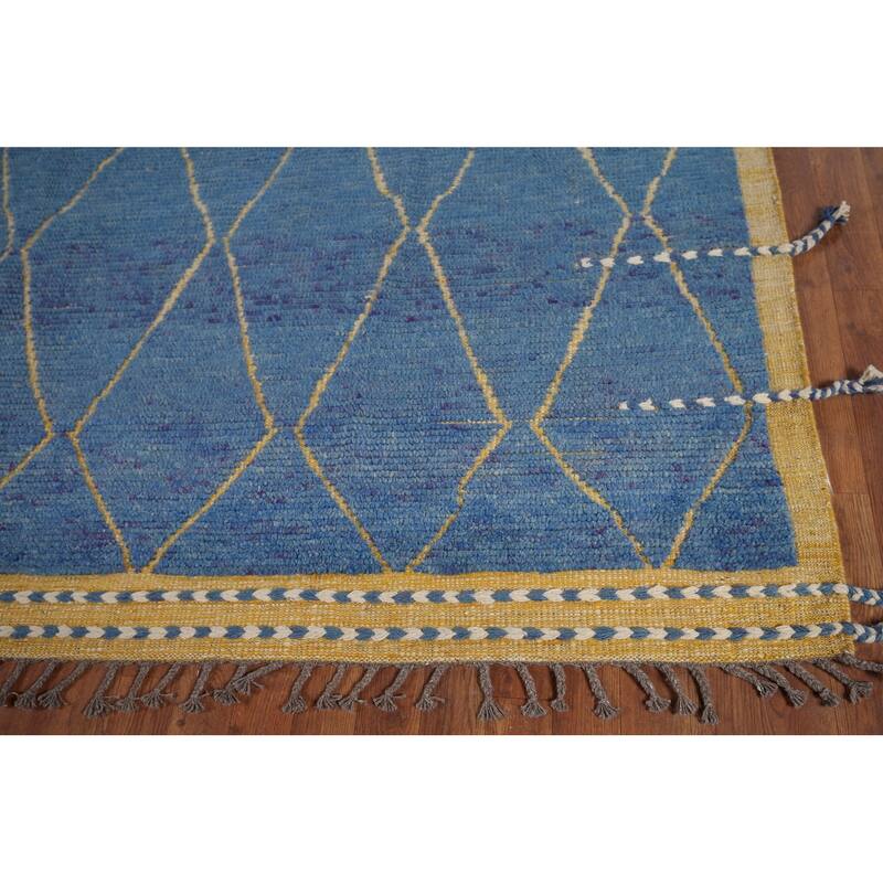 All-Over Trellis Blue Moroccan Area Rug Handmade Wool Carpet - 8'11"x 12'10"