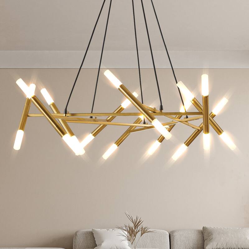Modern Golden Chandelier with Frosted Tubes, Black Cords, for Dining Room, Living Room and Kitchen Island, Bulb Not Included