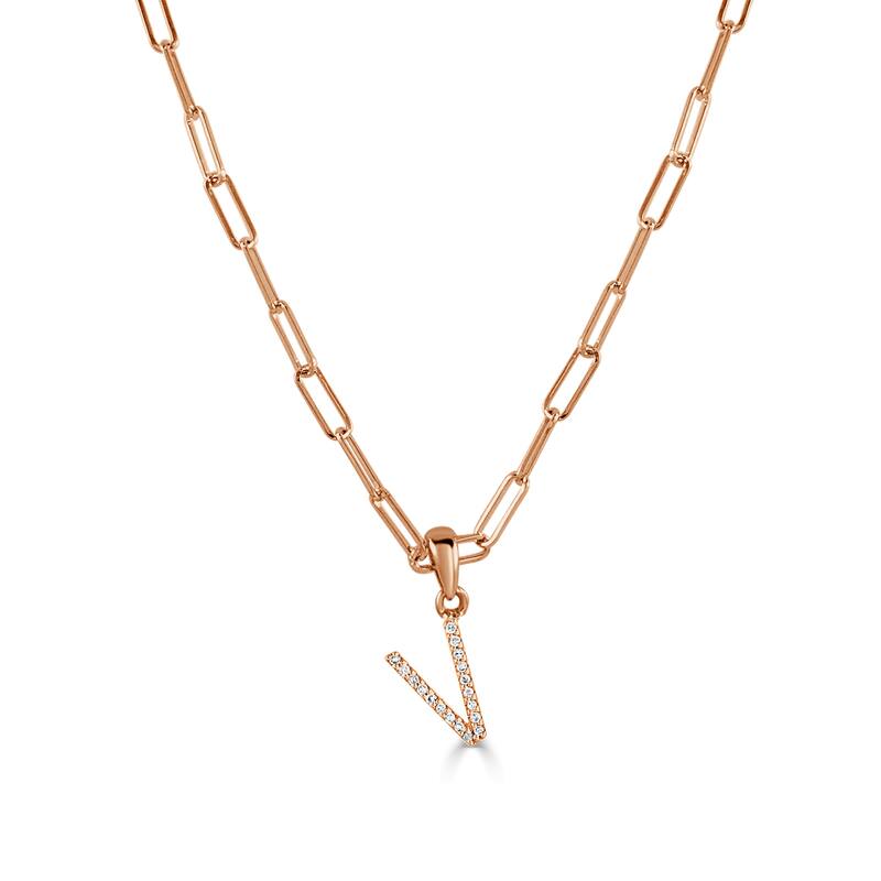 Joelle Collection Diamond Initial Letter Necklace Paperclip 14K Gold 16-inch Chain 1/10 TDW Necklace - V - Rose