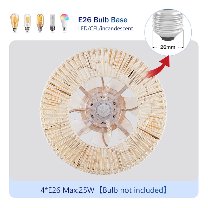 20" Rope Caged Ceiling Fans with Remote, Flush Mount Ceiling Fan with Light, Low Profile Chandelier 6 Speed DC Motor