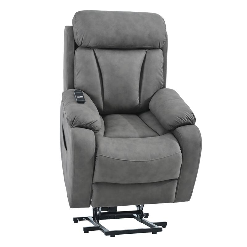 Grey Wide Seat Power Lift Recliner with Remote Control, Side Pocket, and Adjustable Recline Features
