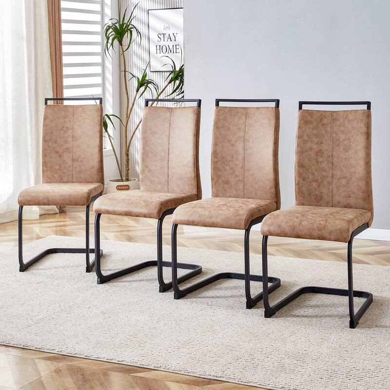 Modern PU Faux Leather High Back Dining Chairs with C-shaped Tube Chrome Metal Legs - Set of 4 - Brown+Black