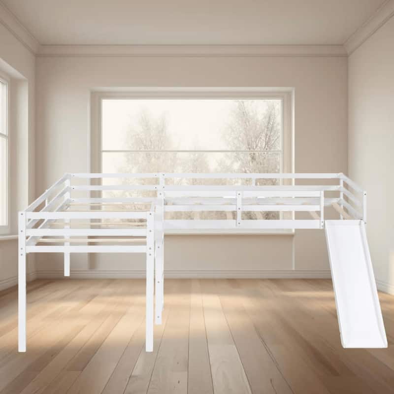 L-Shaped Twin Size Loft Platform Bed Frame with Ladder and Slide, Space-Saving Design with Fun Features for Kids Bedrooms - White - Twin