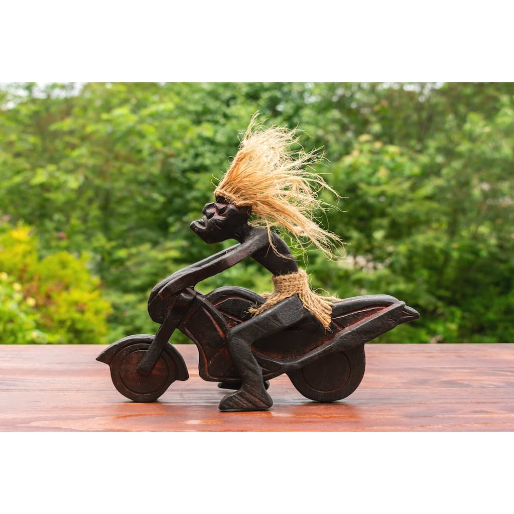 Handmade Wooden Primitive Tribal Funny Riding Motorsport Biker Statue Motorcycle Sculpture Tiki Bar Unique Gift Wood Home