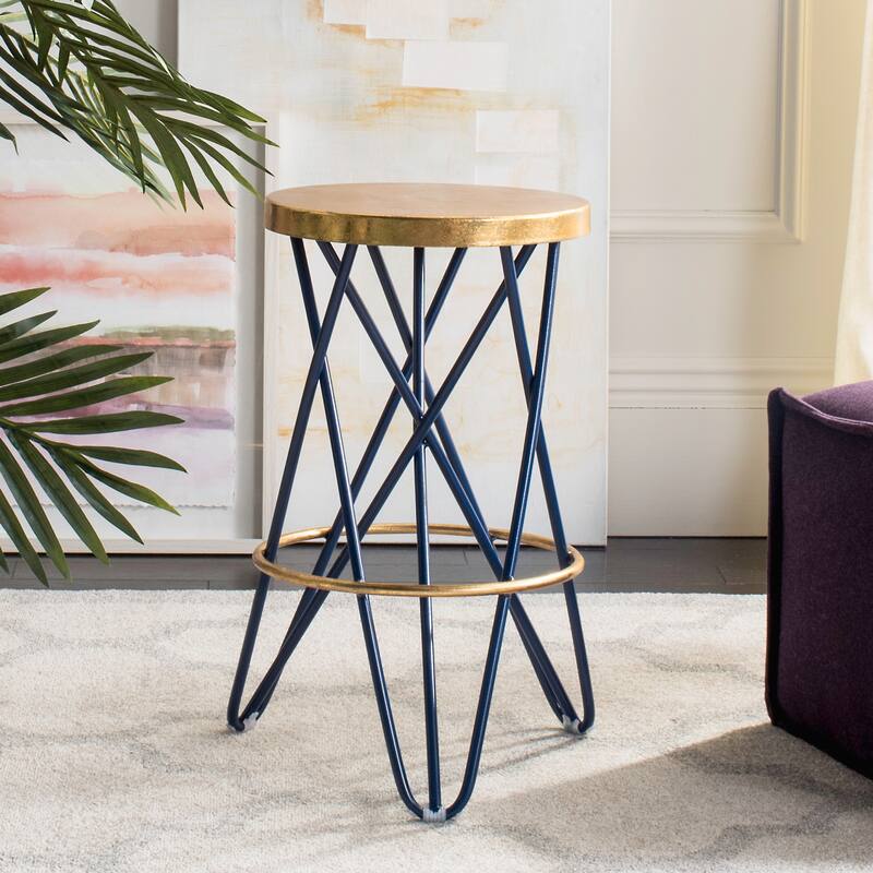 SAFAVIEH Paulette Gold Leaf Counter Stool - 17" x 17" x 24" - 17Wx17Dx24H - Navy/Gold