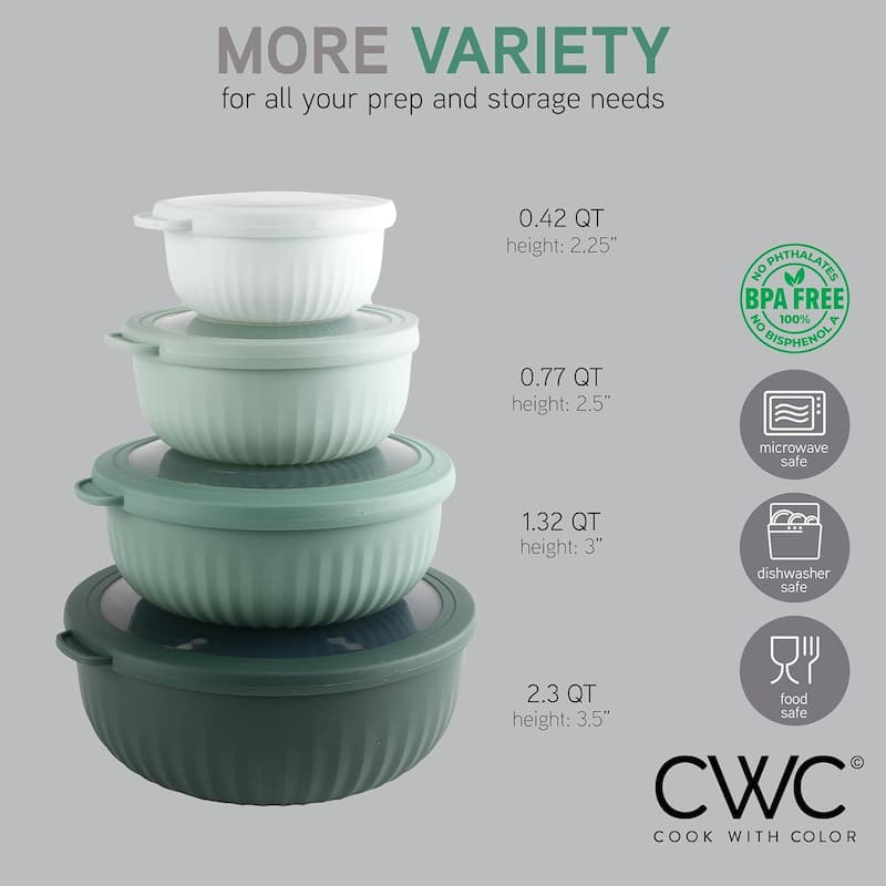 COOK WITH COLOR Prep Bowls with Lids- Wide and Deep Nesting Plastic Mixing Bowl Set with Lids 8 Piece Set, Black/White