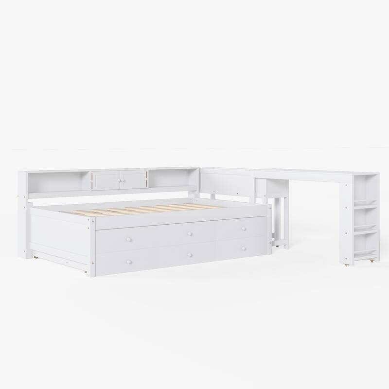 Full/Twin Daybed with Trundle & Storage Drawers - Wood Frame with Side Shelves and Desk