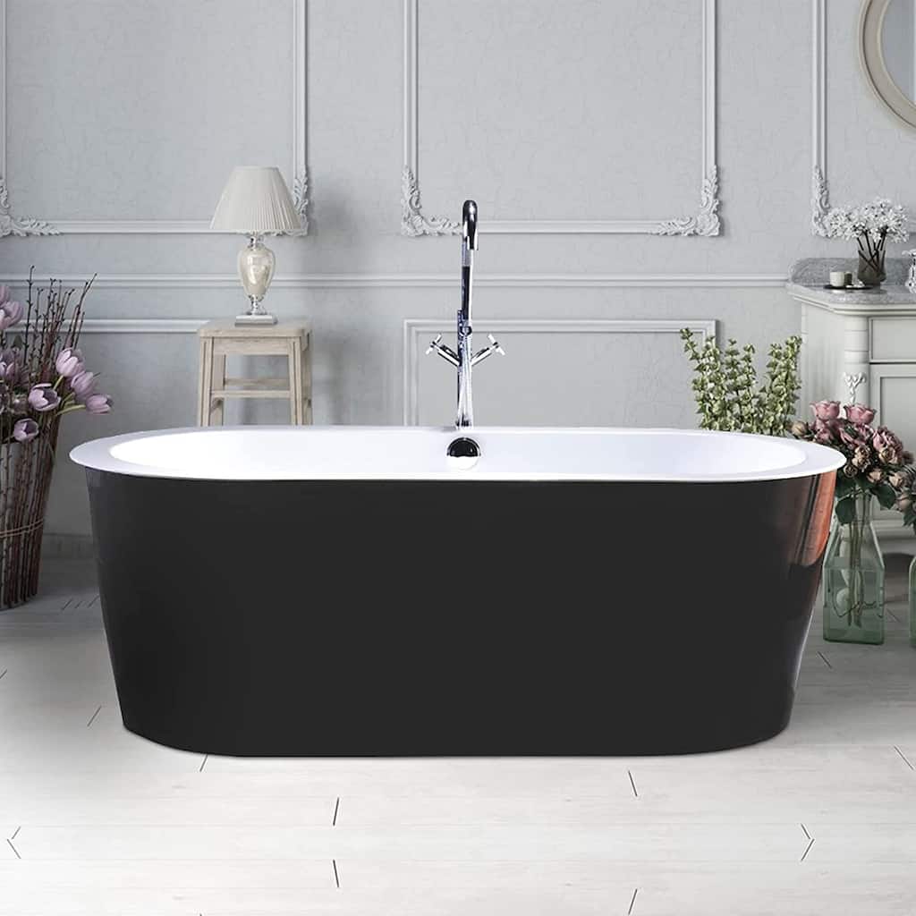 Vanity Art 67.7" Freestanding Black Acrylic Bathtub Stand Alone Soaking Tub with Polished Chrome Round Overflow & Pop-up Drain