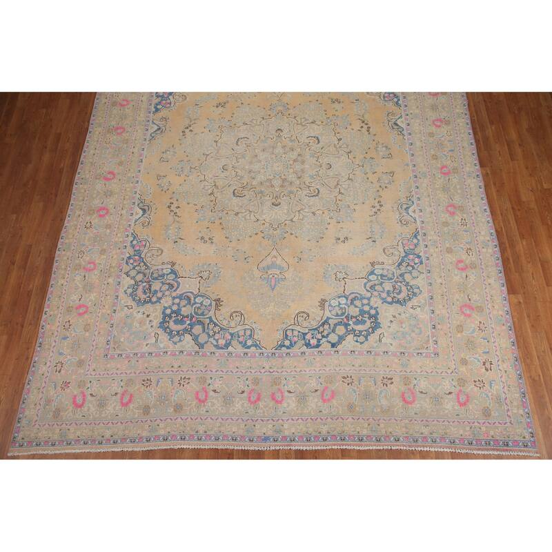 Hand Knotted Oriental 100% Wool Carpet Traditional Floral Peach Tabriz Area Rug - 12' 6'' X 9' 6''