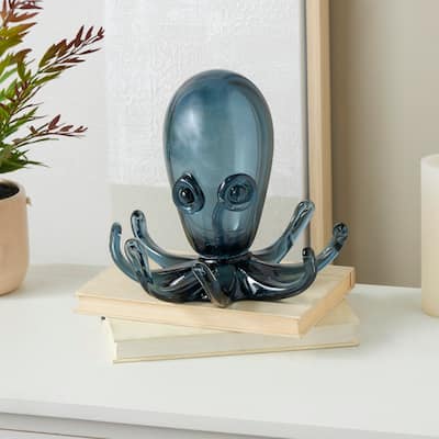 Dark Blue Glass Cute Ombre Octopus Decorative Sculpture with Curved Tentacles