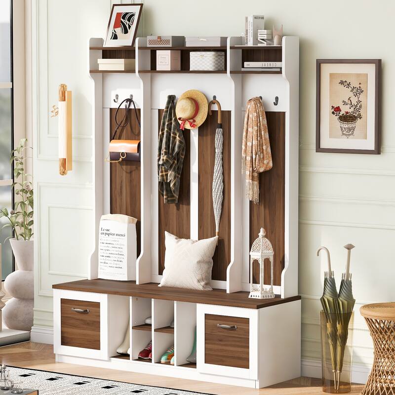 5-in-1 Entryway Bench with Coat Rack, 7 Sturdy Hooks, Adjustable Shelves, Drawers, and Metal Handles