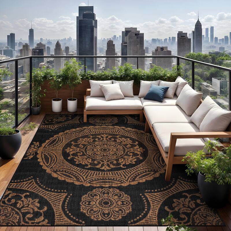 Beverly Rug Blue Medallion Indoor Outdoor Rug, Outside Carpet for Patio, Deck, Porch