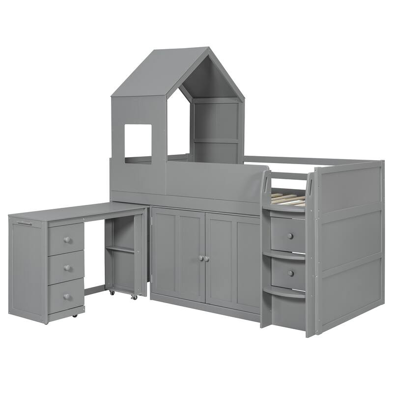 Roomfitters Twin Size House Loft Bed with Rolling Desk, Storage Cabinets and Staircase, All-in-One Space Saving Sleeper