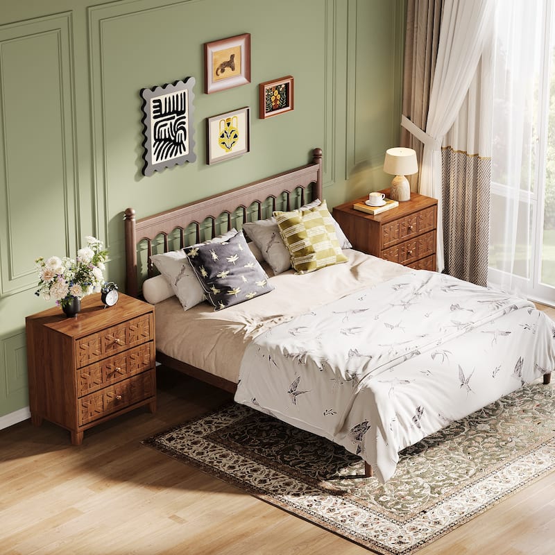 Nightstand Bedside Table with 3 Drawers and Elegant Patterns