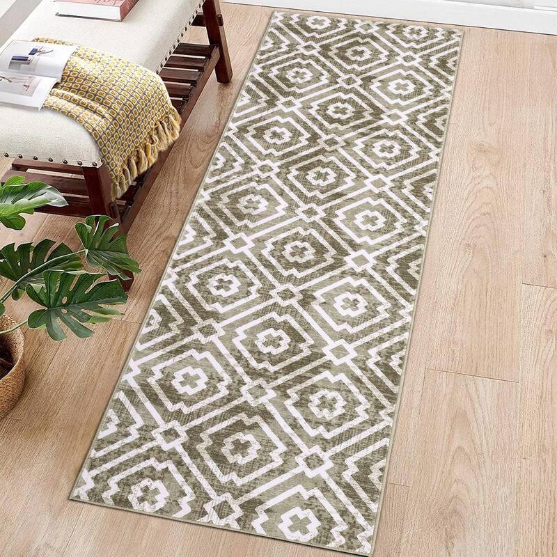 Geometric Area Rugs for Living Room Bedroom Distressed Washable Accent Rug Non-Slip Low Pile Carpet - 2'x6' - Light Brown