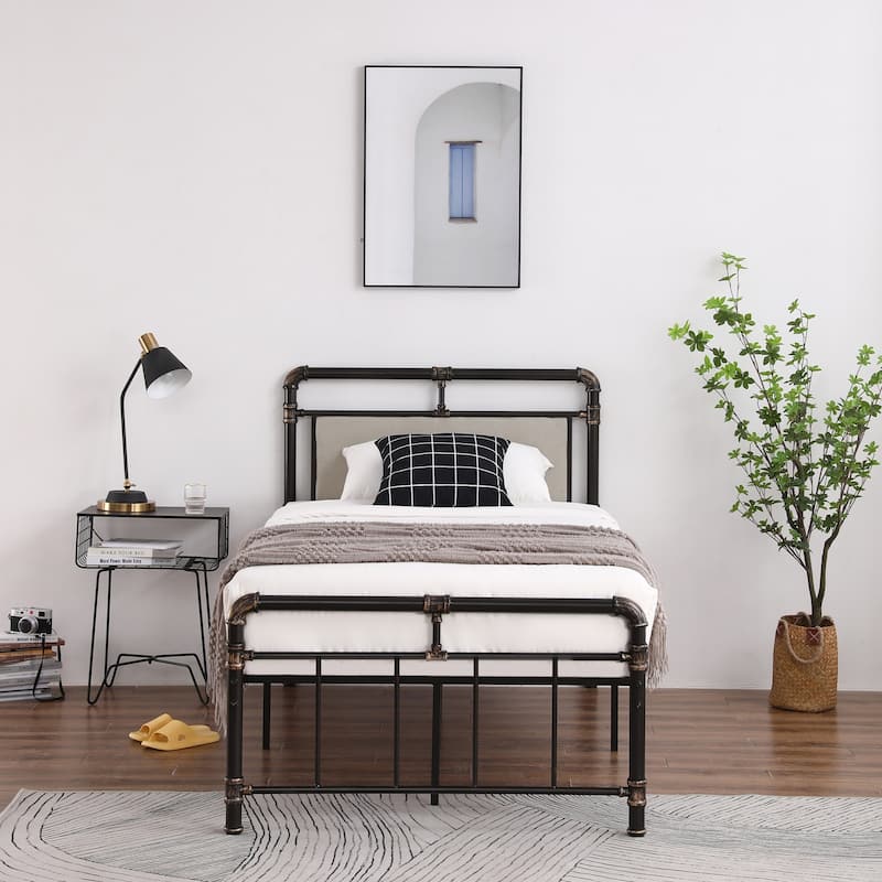 Single-Layer Bed Head and Soft Pull Buckle Bed End Standpipe Water Pipe Bed Black Gold-Painted Iron Bed