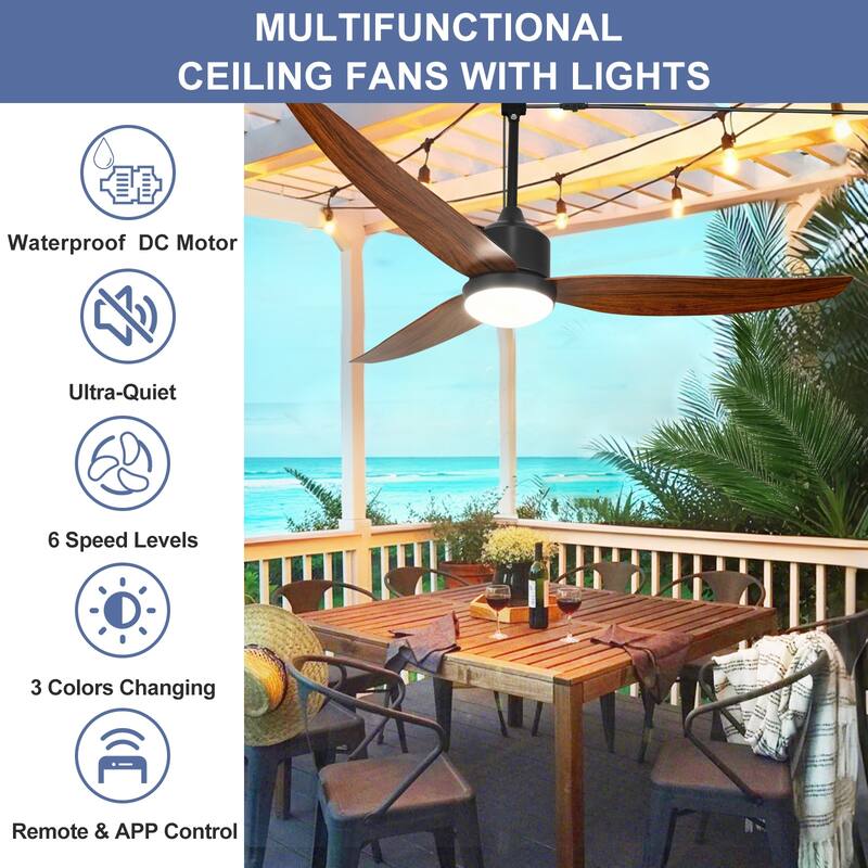 Outdoor Ceiling Fan with Light: 42-52 Inch Hanging - Plug in Waterproof Fans for Patio - Dimmable Remote App Control Black