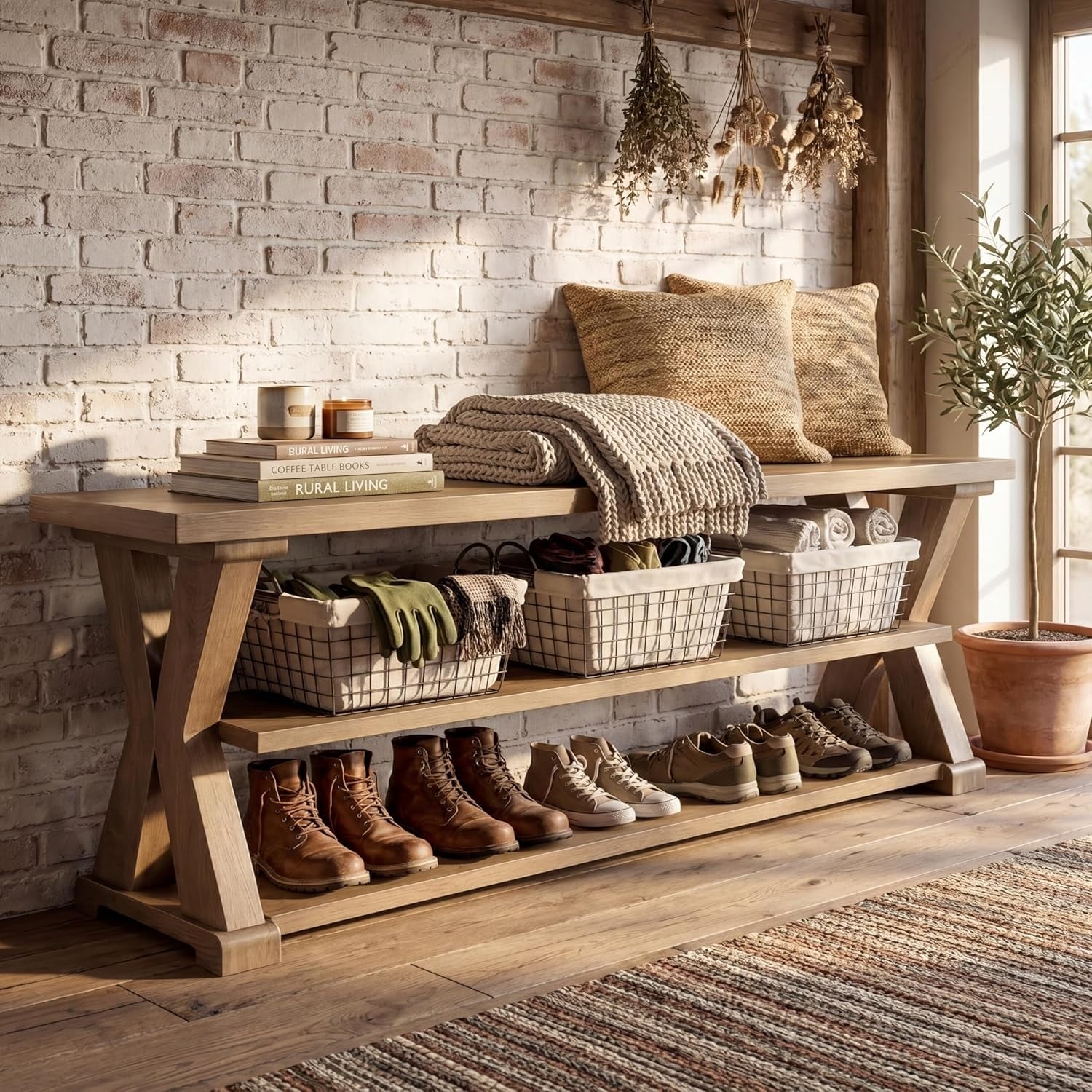 63-Inch Entryway Storage Bench with Storage Shelves, Shoe Bench for Hallway, Rustic Shoe Rack Organizer for Living Room, Bedroom