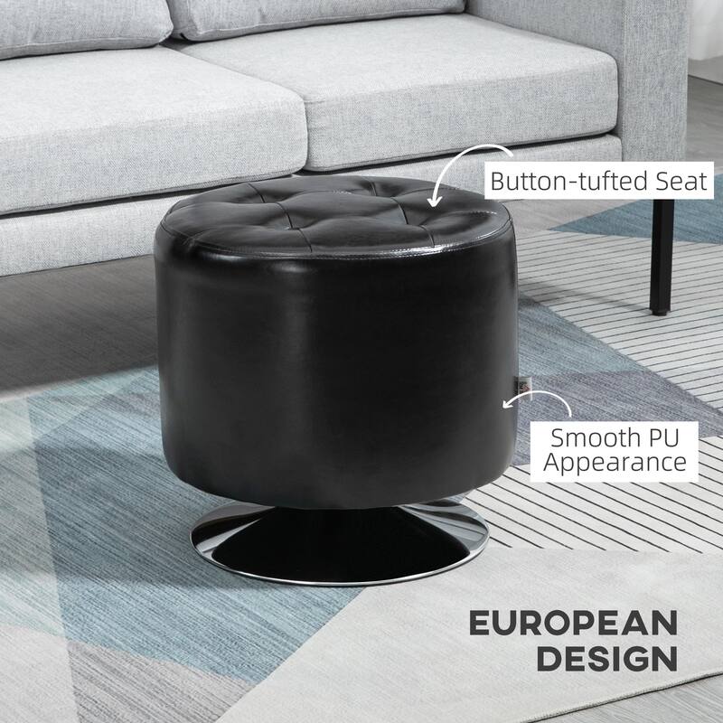 Modern Black PU Swivel Footstool with Button Tufted Seat and Stable Metal Base for Living Room
