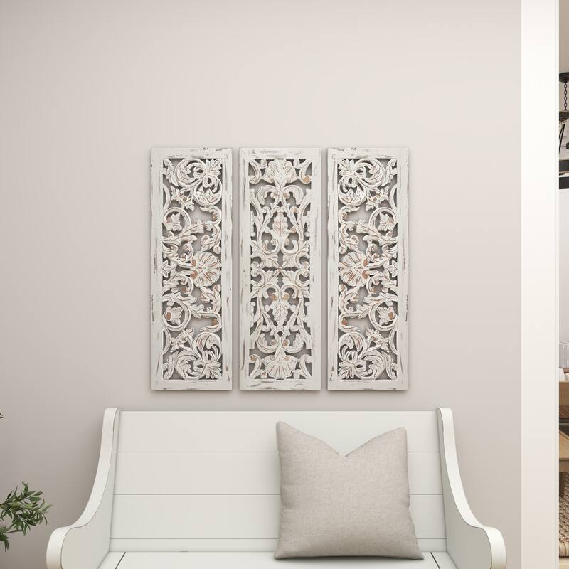 White Wooden Handmade Intricately Carved Floral Home Wall Decor (Set of 3)