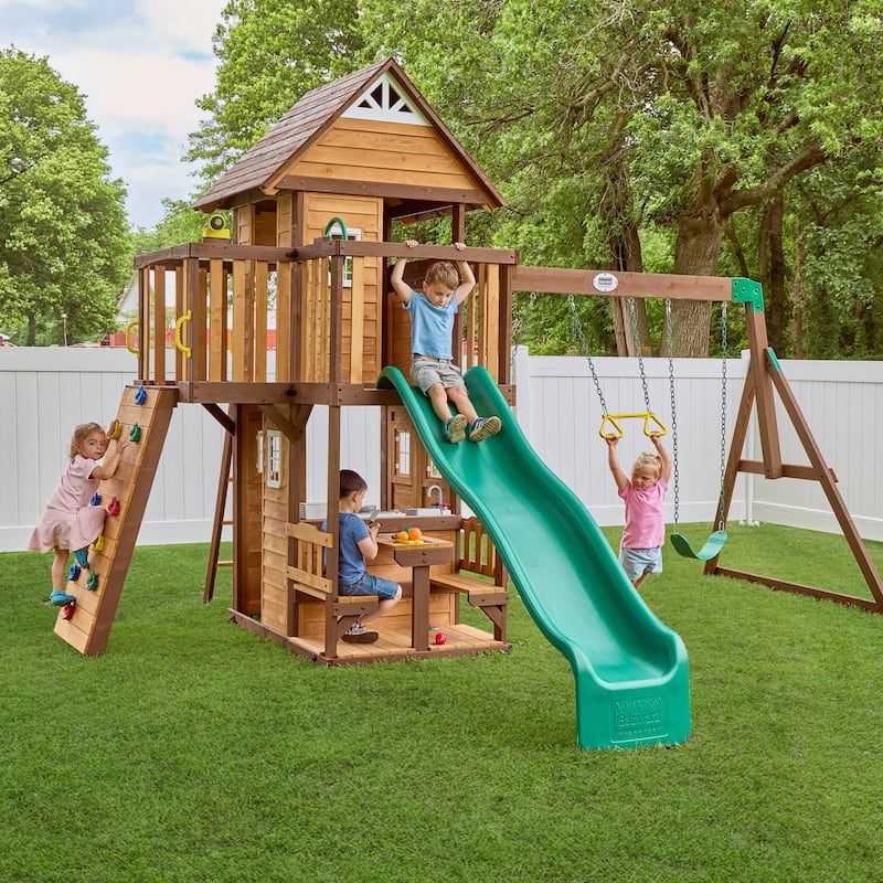 Backyard Discovery Spruce Hollow Spruce Wood Swing Set, Wave Slide
