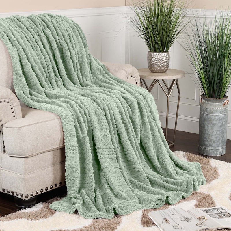 Superior Arctic Boho Jacquard Plush Fluffy Fleece Blanket - Throw - Sea Foam