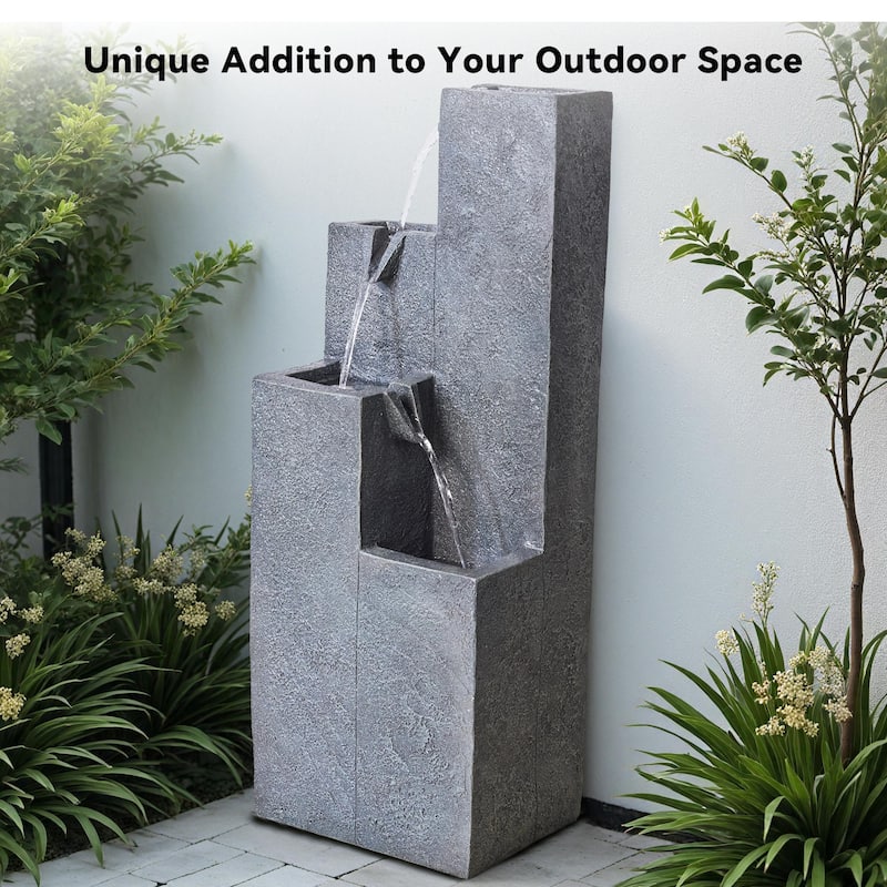 Vbal Modern Minimalist 4-Tier Outdoor Flowing Geometric Floor Fountain with 3 Warm LED Lights